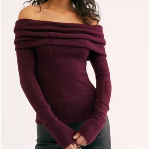 Free People Snowbunny Off Shoulder Long Sleeve Body Con Top Wine Size Small NWT